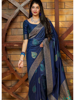 Anjaneya Sarees - Blue Woven Banarasi Silk Kanjivaram Saree with Unstitched Blouse with Unstitched