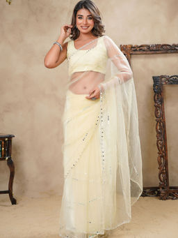 HOUSE OF JAMOTI - Yellow Cut Dana Circles with Bead Saree with Unstitched Blouse with Unstitched