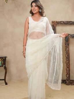 HOUSE OF JAMOTI - Beige Zigzag Cut Dana Lines with Stones Saree with Unstitched Blouse with Unstitched