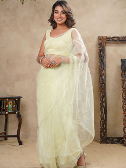 HOUSE OF JAMOTI - Green Cut Dana and Mirror Work Lines Saree with Unstitched Blouse with Unstitched