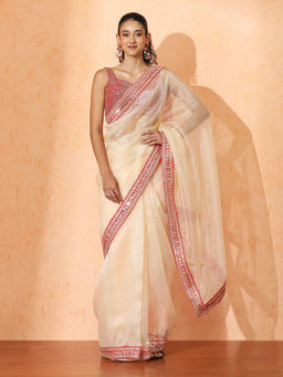 Jaipur Kurti - Beige Embellished Organza Saree with Unstitched Blouse with Unstitched