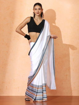 Jaipur Kurti - White Stripes Satin Saree with Unstitched Blouse with Unstitched