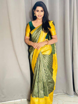 Anjaneya Sarees - Green Woven Banarasi Silk Kanjivaram Saree with Unstitched Blouse with Unstitched