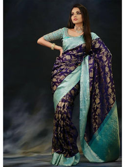 Anjaneya Sarees - Navy Blue Woven Banarasi Kanjivaram Saree with Unstitched Blouse with Unstitched