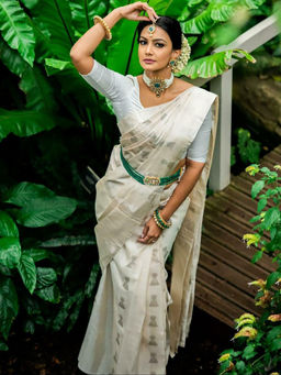 Anjaneya Sarees - White Woven Banarasi Silk Kanjivaram Saree with Unstitched Blouse with Unstitched