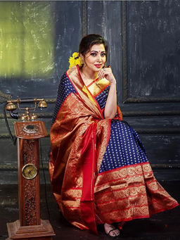 Anjaneya Sarees - Blue Woven Banarasi Silk Kanjivaram Saree with Unstitched Blouse with Unstitched