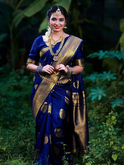Anjaneya Sarees - Blue Woven Banarasi Silk Kanjivaram Saree with Unstitched Blouse with Unstitched
