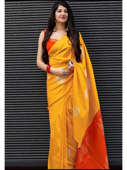 Anjaneya Sarees - Yellow Woven Banarasi Silk Kanjivaram Saree with Unstitched Blouse with Unstitched