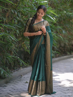 Anjaneya Sarees - Green Woven Banarasi Silk Kanjivaram Saree with Unstitched Blouse with Unstitched