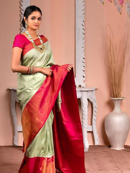 Anjaneya Sarees - Green Woven Banarasi Silk Kanjivaram Saree with Unstitched Blouse with Unstitched
