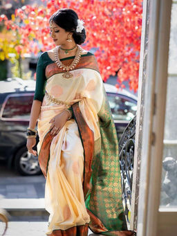 Anjaneya Sarees - Beige Woven Banarasi Silk Kanjivaram Saree with Unstitched Blouse with Unstitched