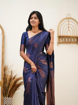 Anjaneya Sarees - Blue Woven Banarasi Silk Kanjivaram Saree with Unstitched Blouse with Unstitched