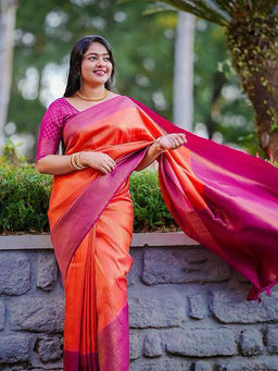 Anjaneya Sarees - Orange Woven Banarasi Silk Kanjivaram Saree with Unstitched Blouse with Unstitched
