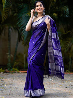 Anjaneya Sarees - Blue Woven Banarasi Silk Kanjivaram Saree with Unstitched Blouse with Unstitched