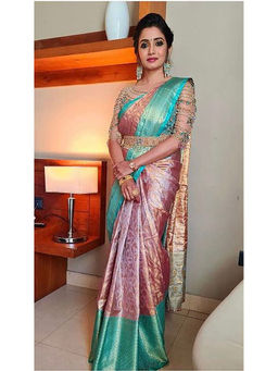 Anjaneya Sarees - Peach Woven Banarasi Silk Kanjivaram Saree with Unstitched Blouse with Unstitched