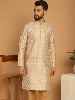 Treemoda - Beige Floral Kurta with Golden Brocade