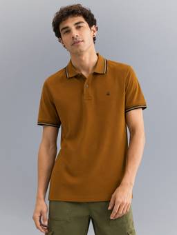 United Colors of Benetton - Brown Relaxed Fit Solid Tri Blend Gold Tipping Pique Polo T-Shirt