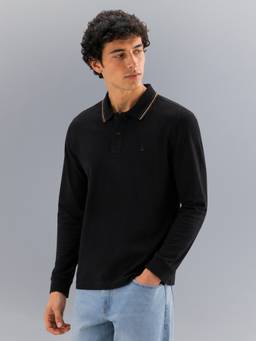 United Colors of Benetton - Black Relaxed Fit Solid Tri Blend Gold Tipping Pique Polo T-Shirt