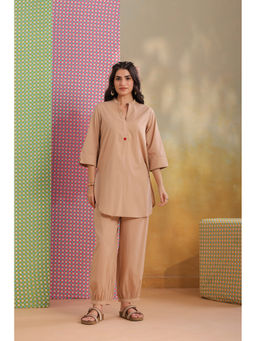 Scakhi - Beige Cotton Mandarin Neck Co-Ord Set