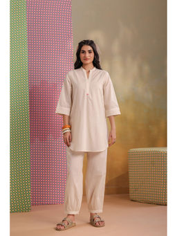Scakhi - Off White Cotton Mandarin Neck Co-Ord Set