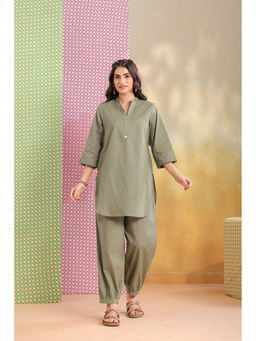 Scakhi - Green Cotton Mandarin Neck Co-Ord Set