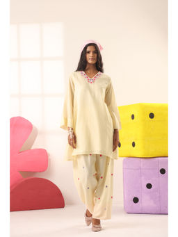 Scakhi - Butter Yellow Cotton Embroidered Kurti with Salwar