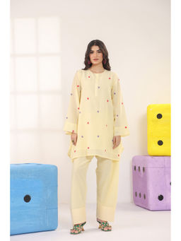 Scakhi - Yellow Cotton Embroidered Kurti & Salwar