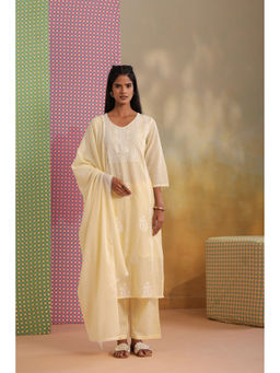 Scakhi - Yellow Mulmul Chikankari Embroidery Straight Kurta Pant with Dupatta