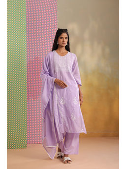 Scakhi - Lavender Mulmul Chikankari Embroidery Straight Kurta Pant with Dupatta