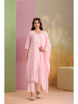 Scakhi - Pink Mulmul Chikankari Embroidery Straight Kurta Pant with Dupatta