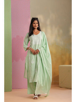 Scakhi - Green Mulmul Chikankari Embroidery Straight Kurta Pant with Dupatta
