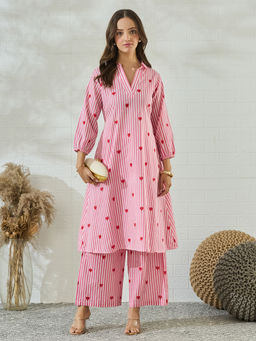 MOKOSH - Women Pink Cotton Striped Heart Printed Co-ord Set