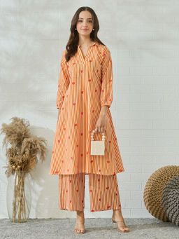 MOKOSH - Women Orange Cotton Striped Heart Printed Co-ord Set