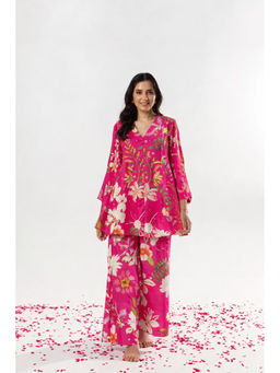 AROOP SHOP INDIA - Pink Floral V-Neck Wide Co-ord Set