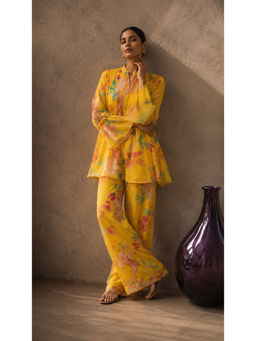 AROOP SHOP INDIA - Yellow Floral Mandarin Neck Wide Co-ord Set