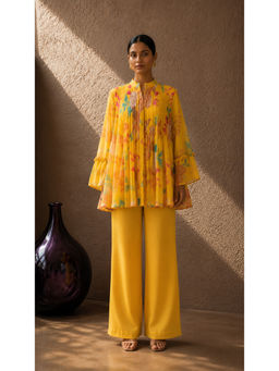 AROOP SHOP INDIA - Yellow Floral Mandarin Neck Wide Tunic & Palazzo