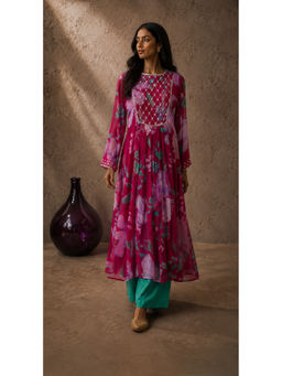 AROOP SHOP INDIA - Pink Floral Boat Neck Wide Kurta & Palazzo