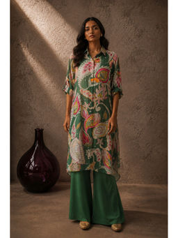 AROOP SHOP INDIA - Green Paisley Collar Neck Wide Kurta & Palazzo