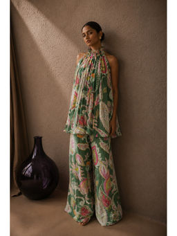 AROOP SHOP INDIA - Green Paisley Halter Neck Wide Co-ord Set