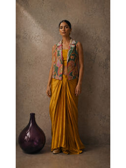 AROOP SHOP INDIA - Multi-Color Paisley Notched Lapel Crop Top & Jacket with Skirt