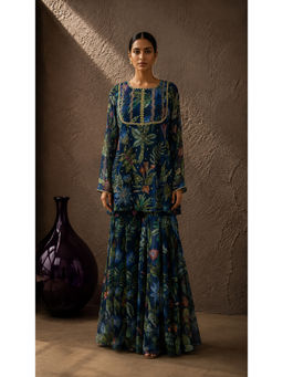 AROOP SHOP INDIA - Blue Floral Round Neck Flared Kurti & Sharara
