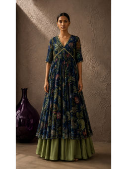 AROOP SHOP INDIA - Blue Floral V-Neck Flared Anarkali Kurta & Palazzo