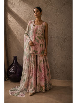 AROOP SHOP INDIA - Pink Floral Round Neck Flared Tunic Palazzo with Dupatta