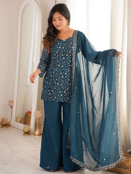 Odette - Teal Georgette Embellished Kurta Pant with Dupatta