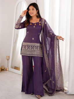 Odette - Purple Chinon Silk Embellished Kurti Palazzo with Dupatta