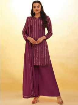 Odette - Wine Georgette Embellished Kurti Palazzo with Dupatta