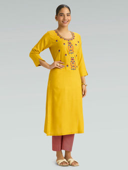 Women Plus - Naples Yellow Embroidered Viscose Rayon Kurta