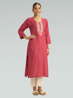 Women Plus - Light Carmine Pink Embroidered Viscose Rayon Kurta