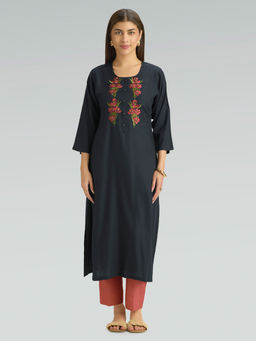 Women Plus - Dark Navy Blue Embroidered Viscose Rayon Kurta
