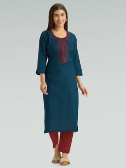 Women Plus - Prussian Teal Embroidered Pure Cotton Kurta